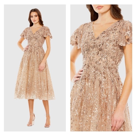 Mac Duggal 20392 NWOT EMBELLISHED BUTTERFLY FIT AND FLARE TEA-LENGTH DRESS - Picture 1 of 7